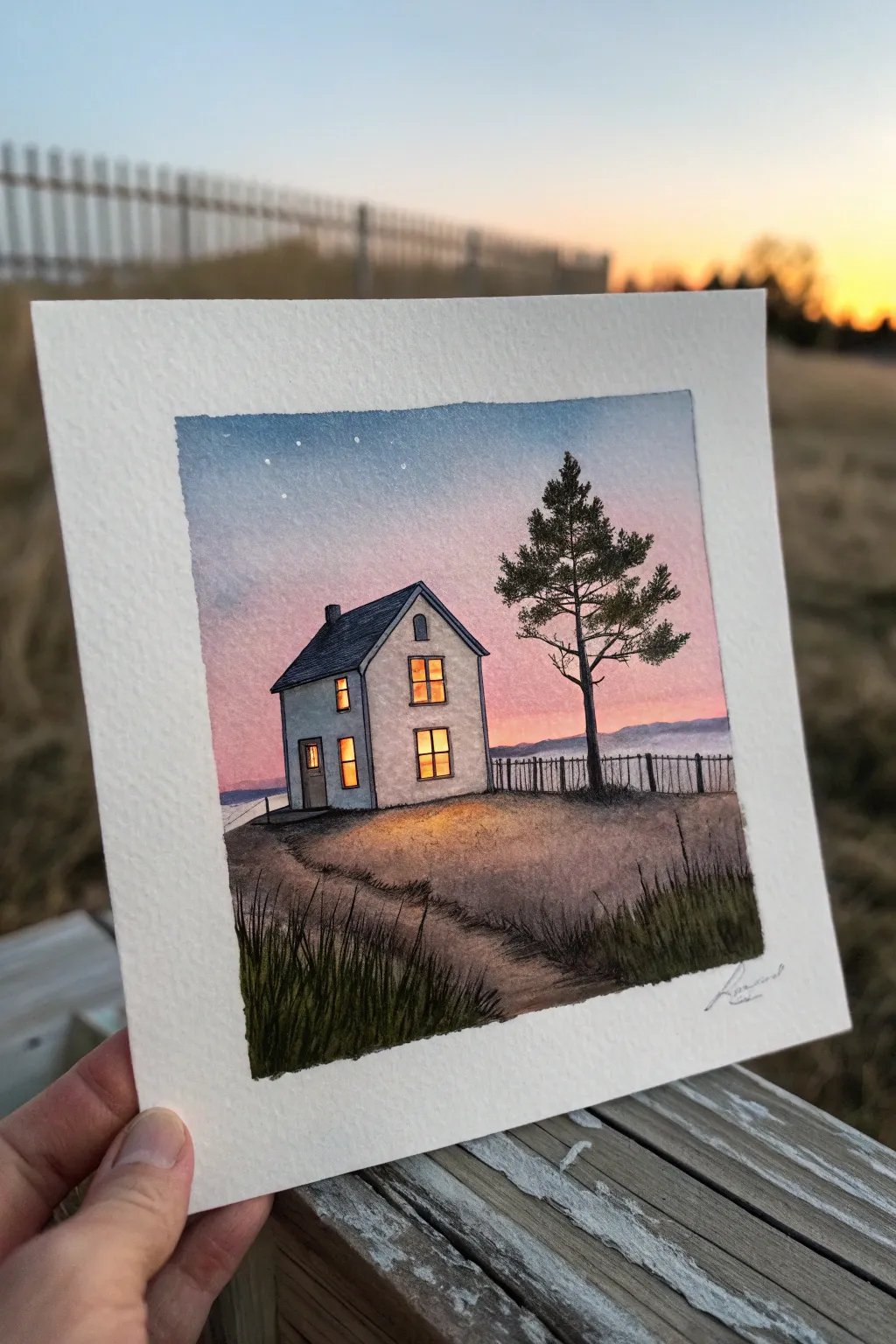 Paint a cozy tiny house at dusk with pastel sky gradients and warm glowing windows.