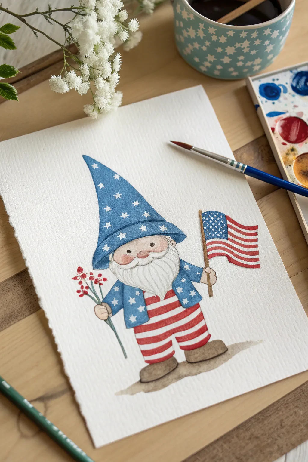Patriotic gnome with a tiny flag, a charming minimalist-boho painting idea for the 4th of July.