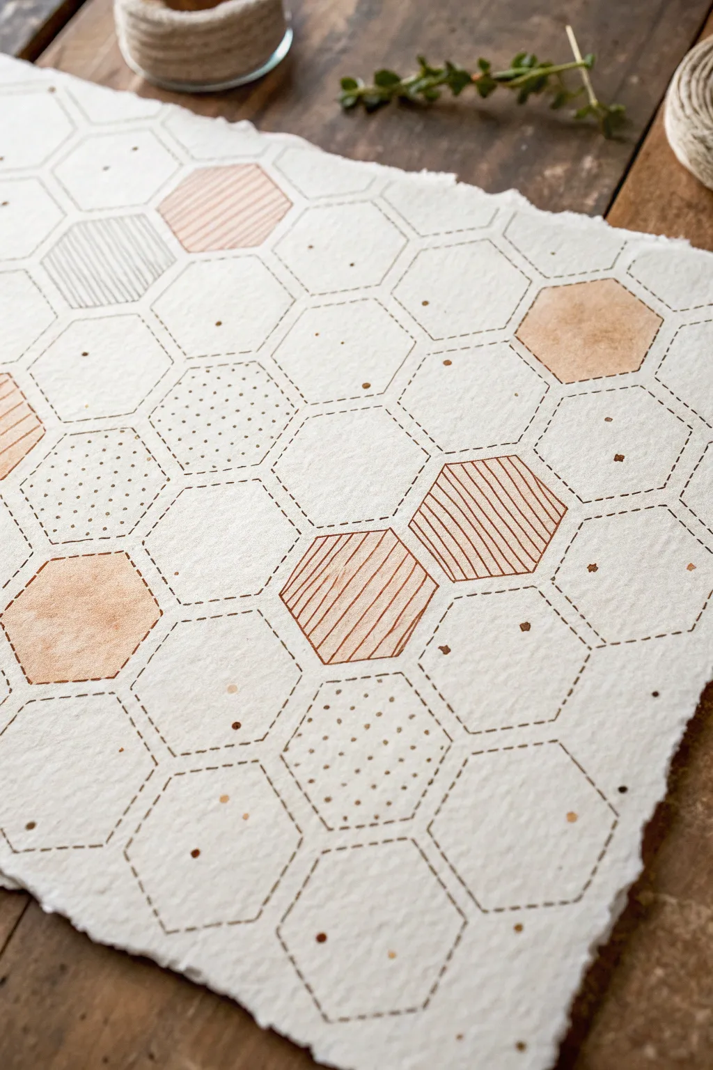 Minimal honeycomb hexagon pattern with dots, stripes, and airy blank cells for modern art ideas