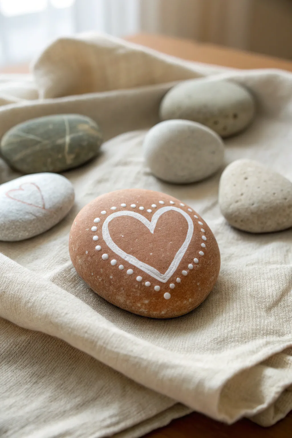 Simple heart pebble painting idea for cozy love decor, minimalist Scandinavian with boho warmth