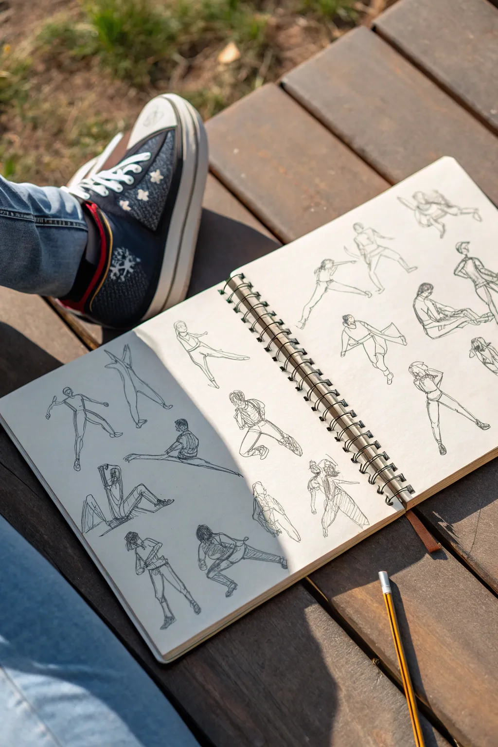 A page of tiny 60-second gesture sketches, capturing dynamic poses with bold line of action.