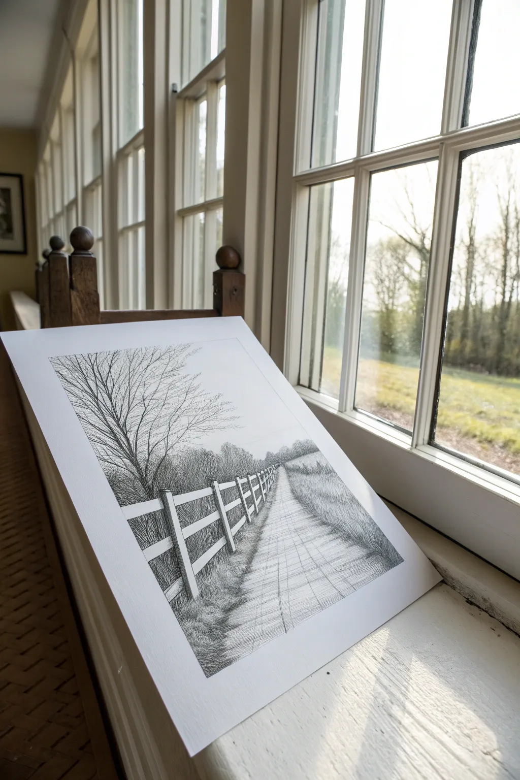 Simple fence-post perspective sketch with a strong vanishing point and clean, minimalist contrast.