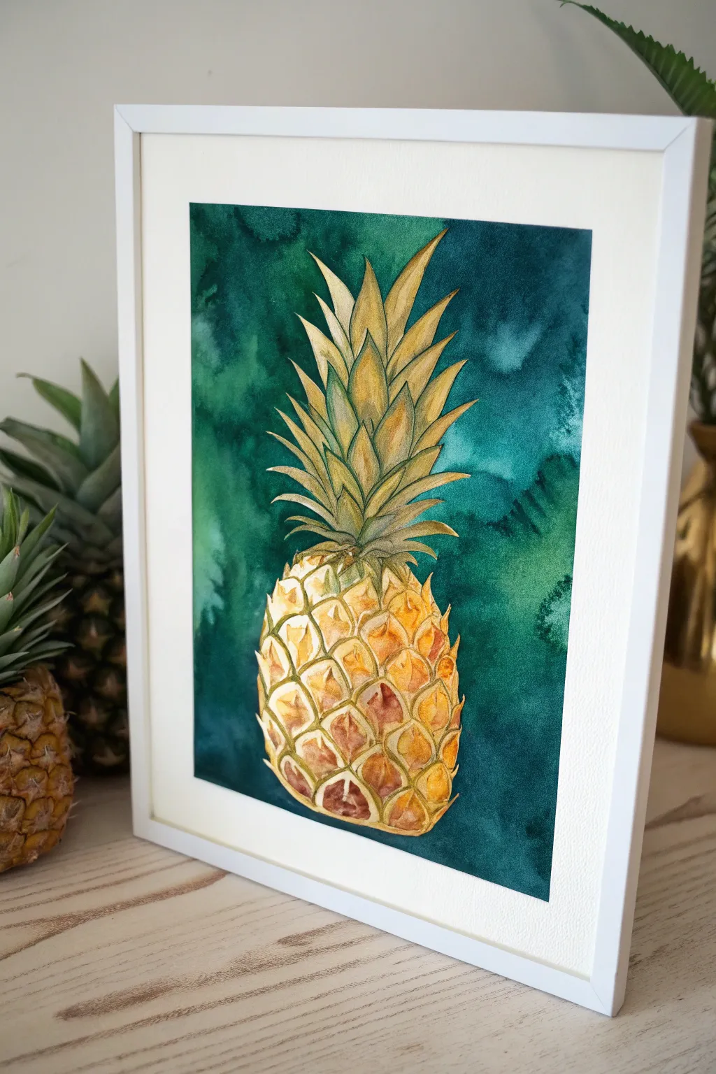Golden pineapple painting with subtle metallic accents against a deep jewel-tone backdrop