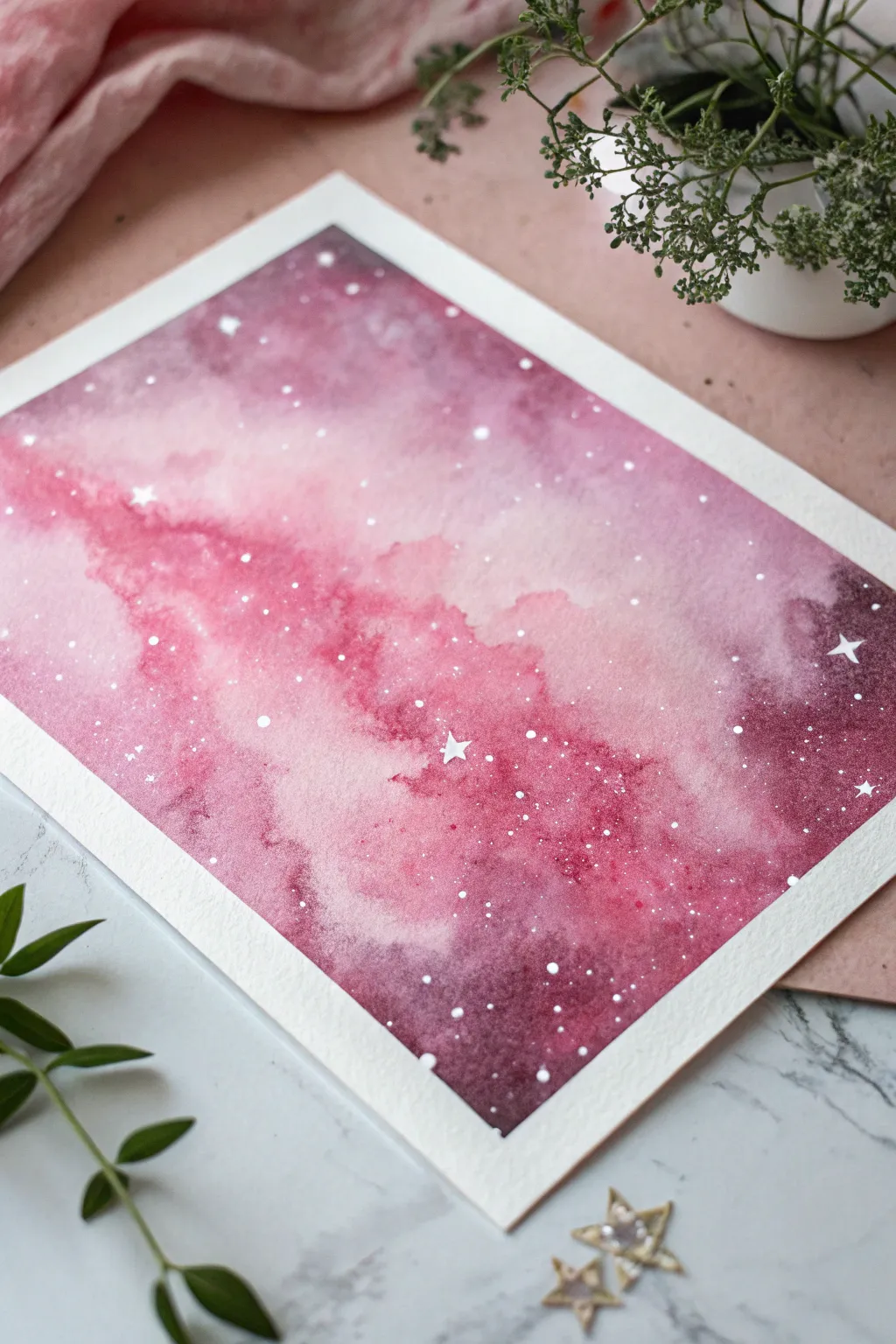 Cotton-candy pink galaxy splatter: blush and magenta glow with crisp, starry highlights.