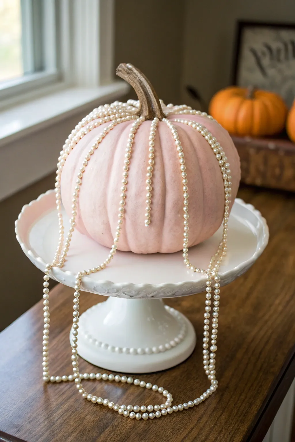 Soft blush pumpkin with cascading pearls, a minimal glam centerpiece in warm light