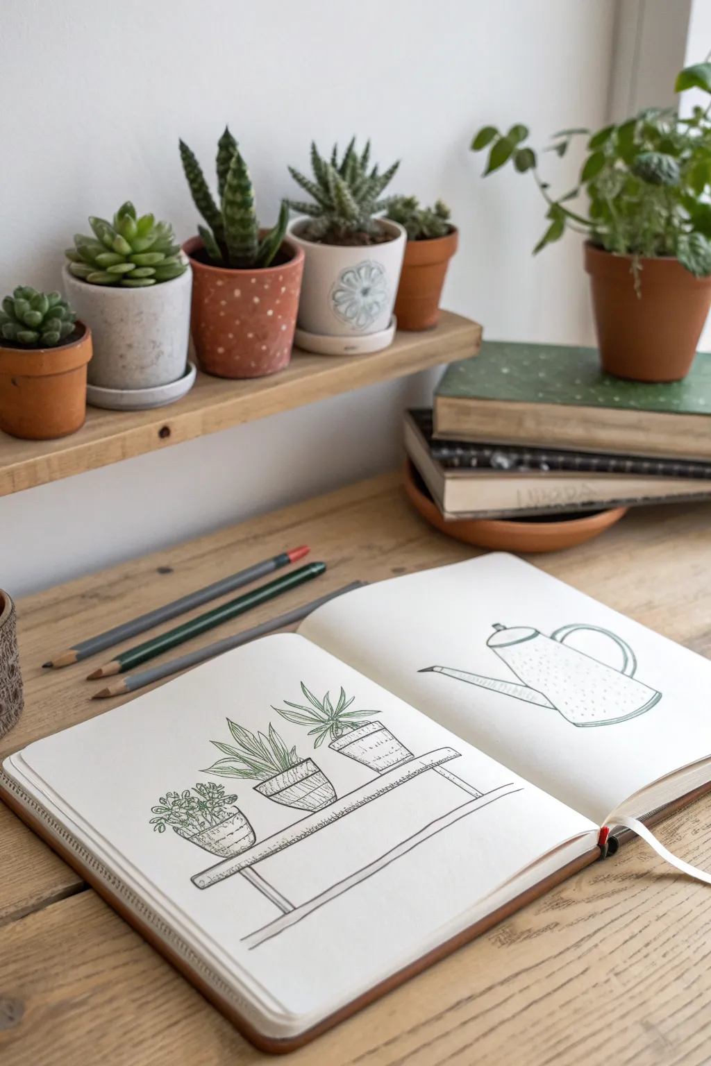 Cozy plant shelf sketch inspiration with simple lines, warm light, and minimalist boho charm.