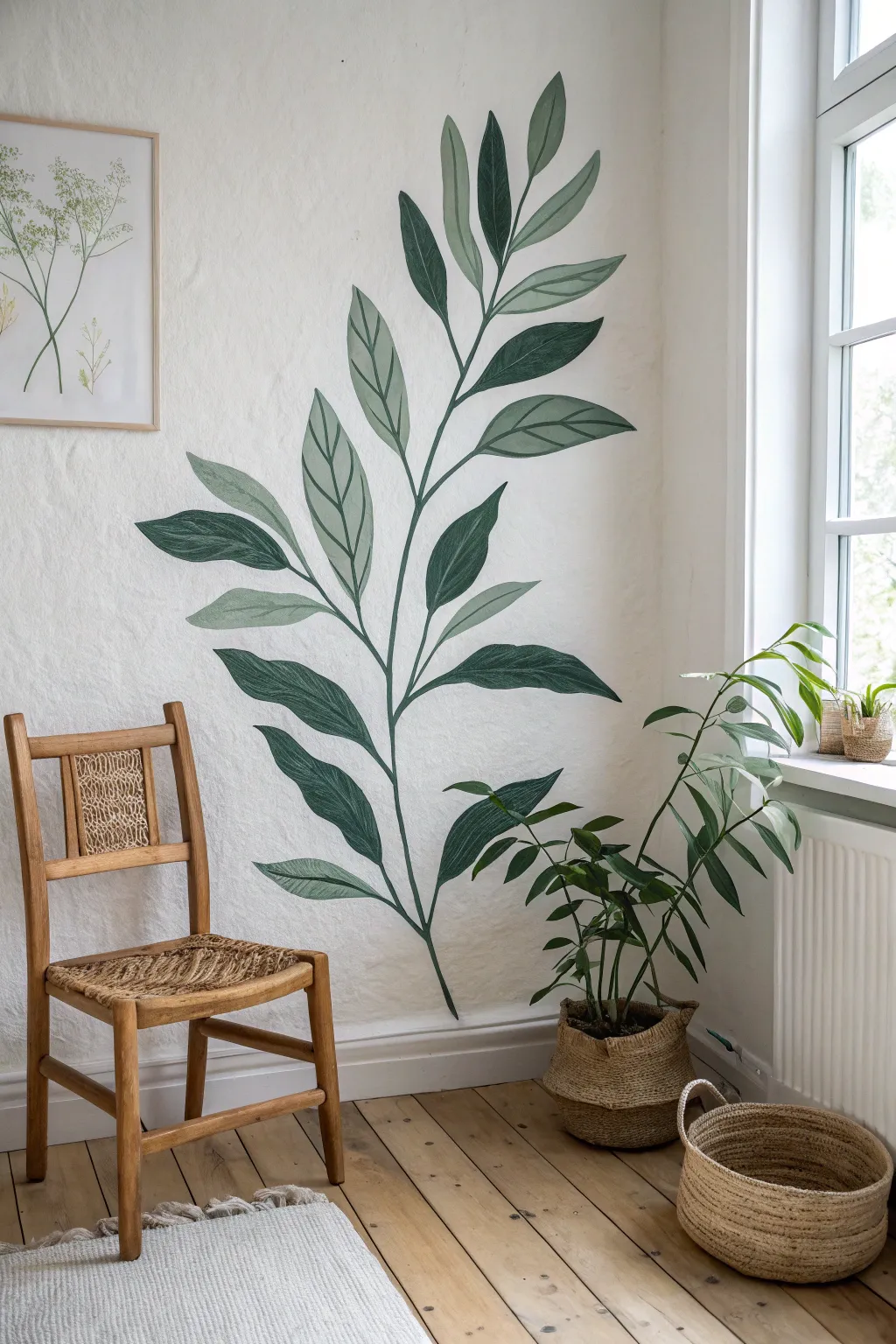 Minimalist plant mural idea: one giant stem with confident leaves and soothing negative space.