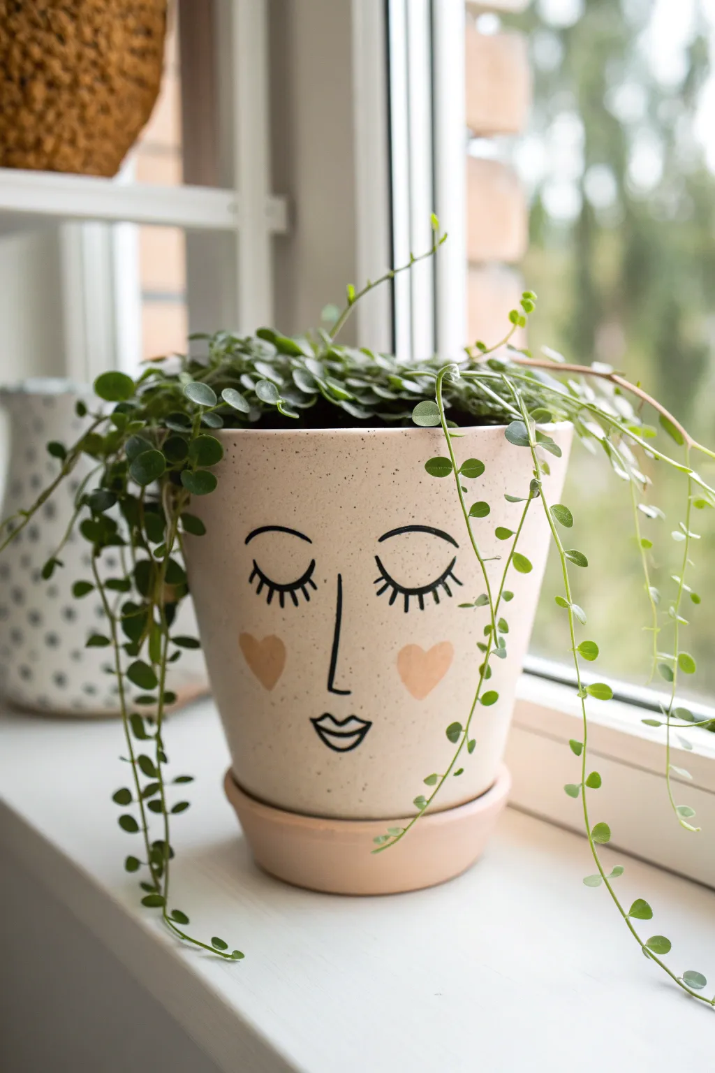 Minimal face-painted planter with lush trailing plant hair, a chic boho touch for your shelf.