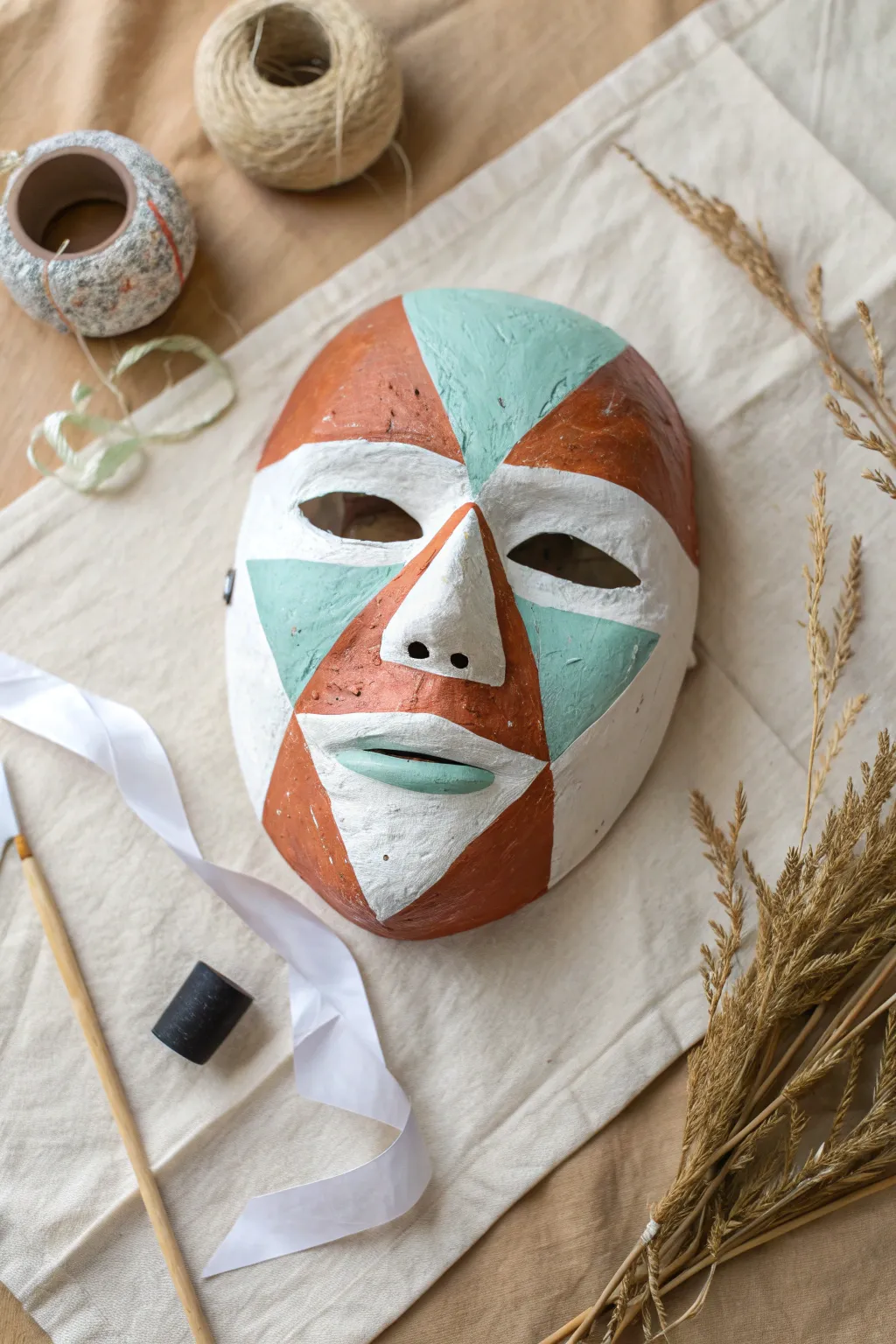 Bold color-block plaster mask with geometric tape lines, minimalist Scandinavian boho mood.