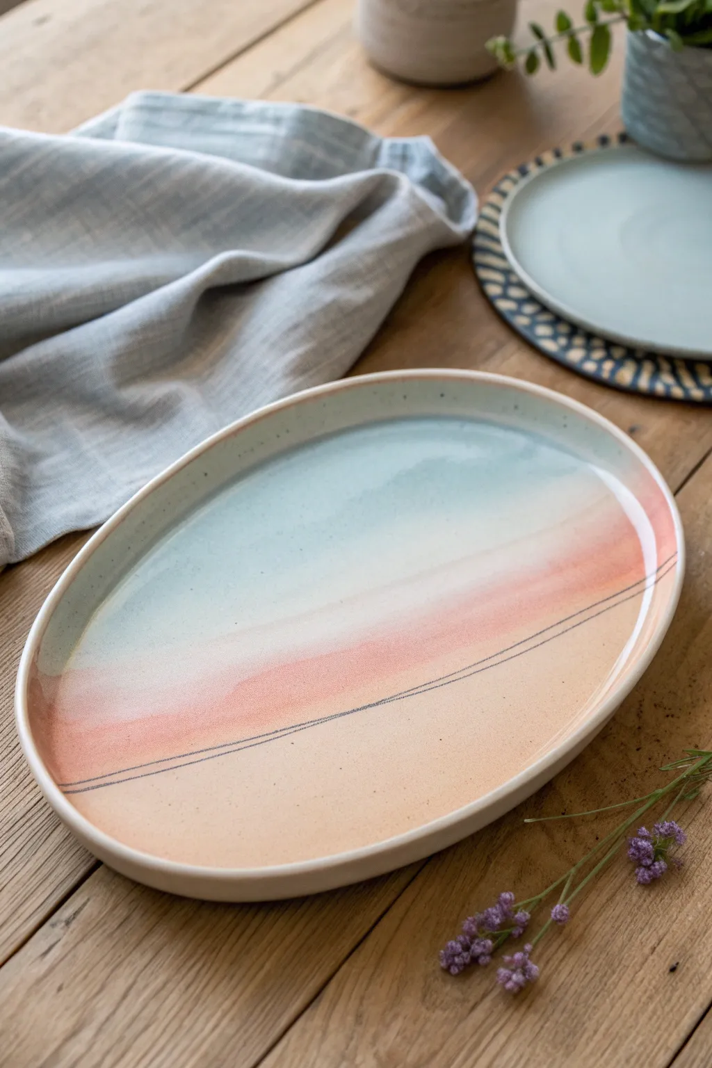 Soft sunset gradient platter painting with a crisp horizon line for calm minimalist boho vibes
