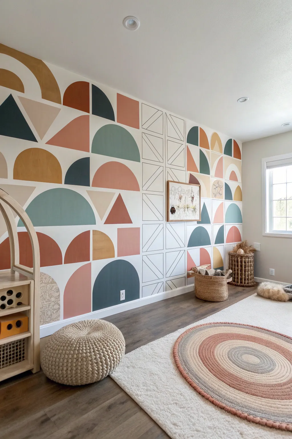 Simple geometric mural color blocks bring modern calm to a playroom creative corner.