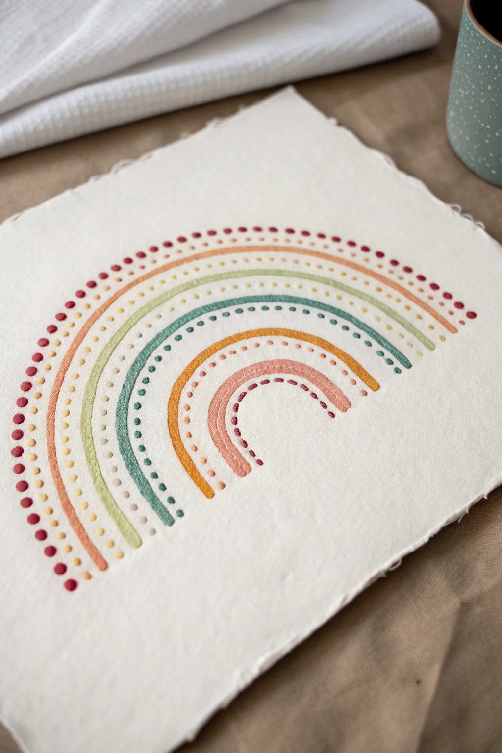 Pointillism rainbow bands built from clean dotted rows, softly blending on warm white paper.
