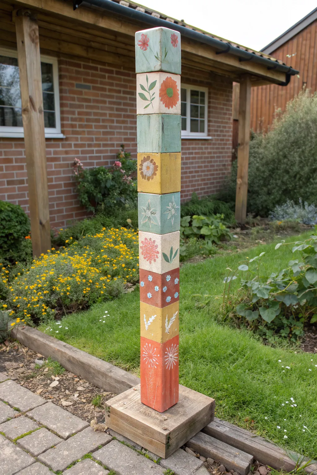 Seasonal Garden Palette pole: four tidy painted bands from spring blooms to winter snowflakes.
