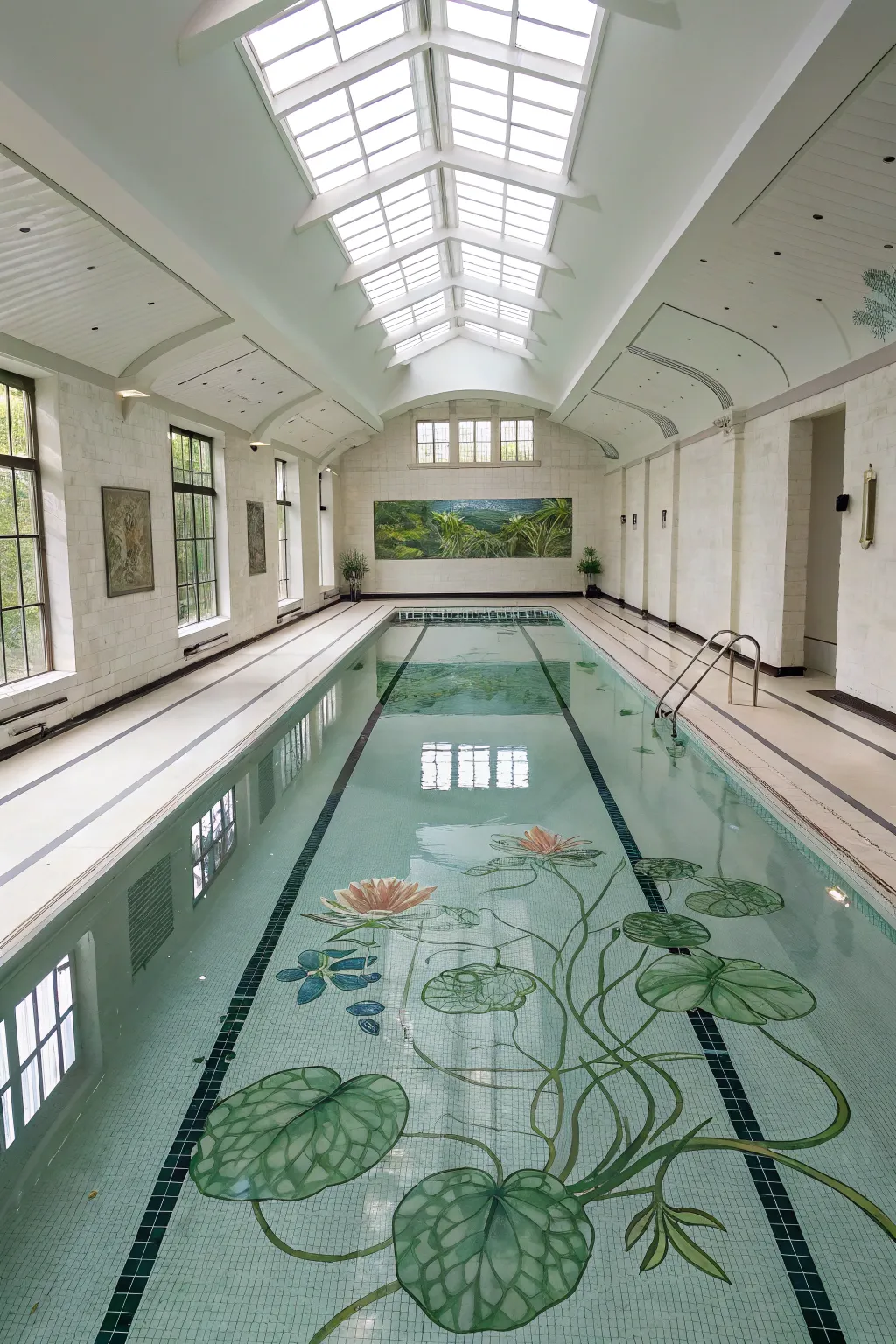 Hand-painted lily pads across an empty pool floor, a serene mural that blooms when submerged.
