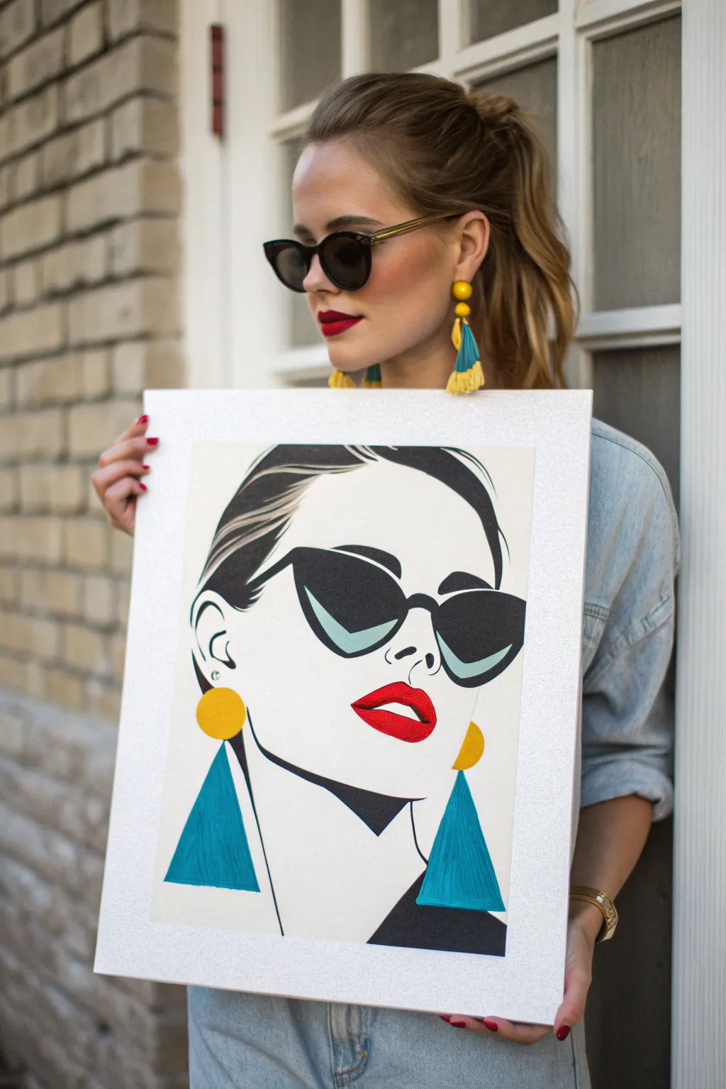 Pop art glam: oversized sunglasses, bold earrings, and vivid lipstick in a minimalist portrait.