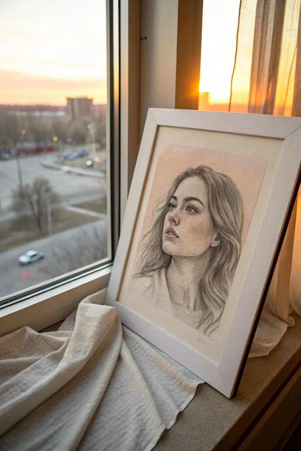 Warm peach wash behind a simple portrait keeps the mood cozy and lets features stand out