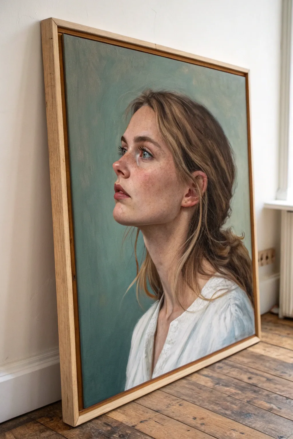 Modern three-quarter portrait painting with a muted color field background for bold, clean contrast.