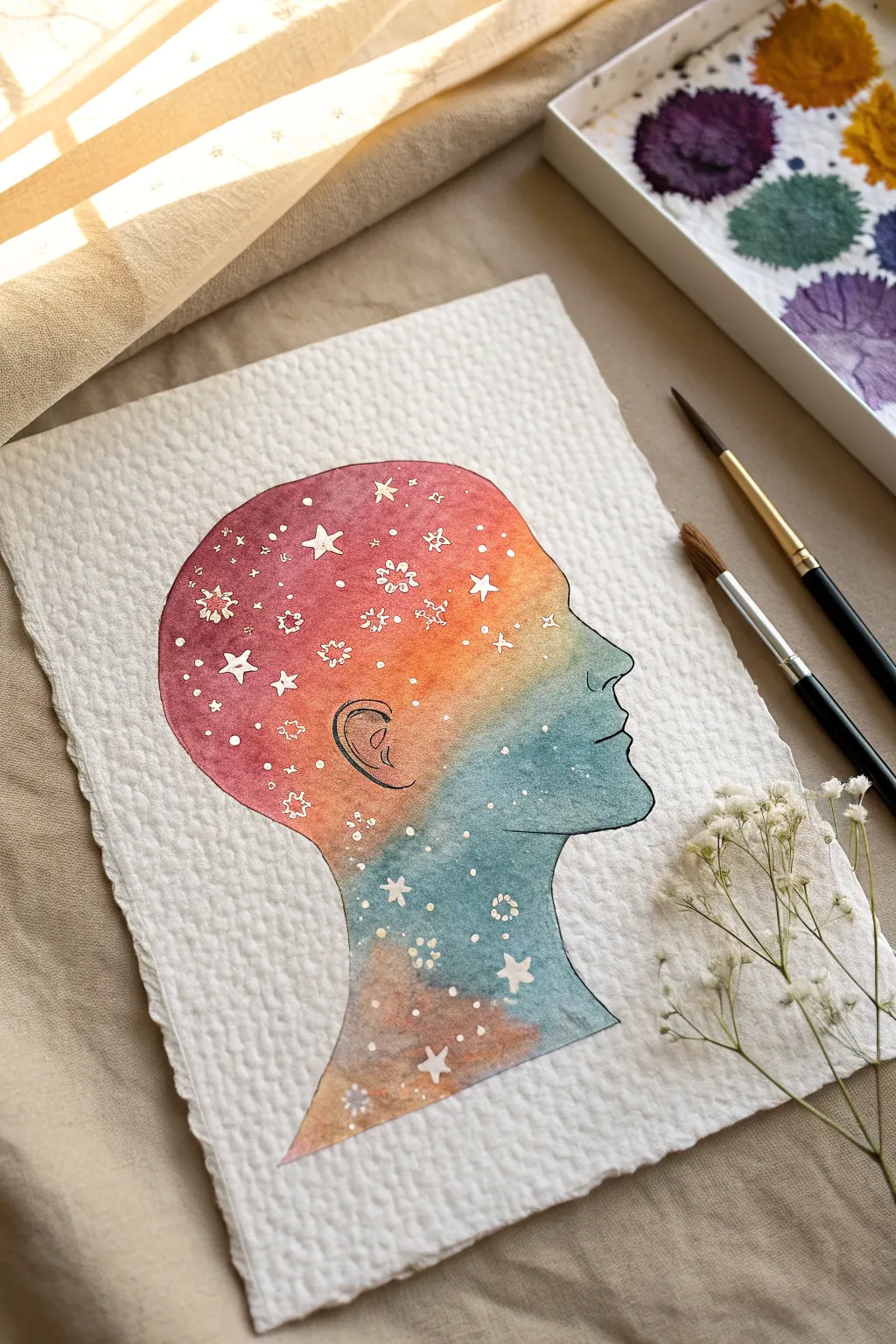 Crisp black mind silhouette filled with swirling blooms and stars, a simple upbeat painting idea