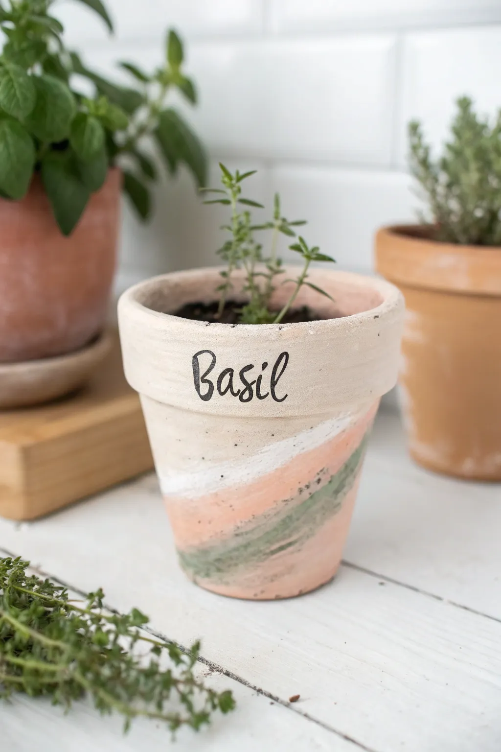 Minimalist painted herb pot with hand lettering, soft window light, calm Scandi boho vibe.