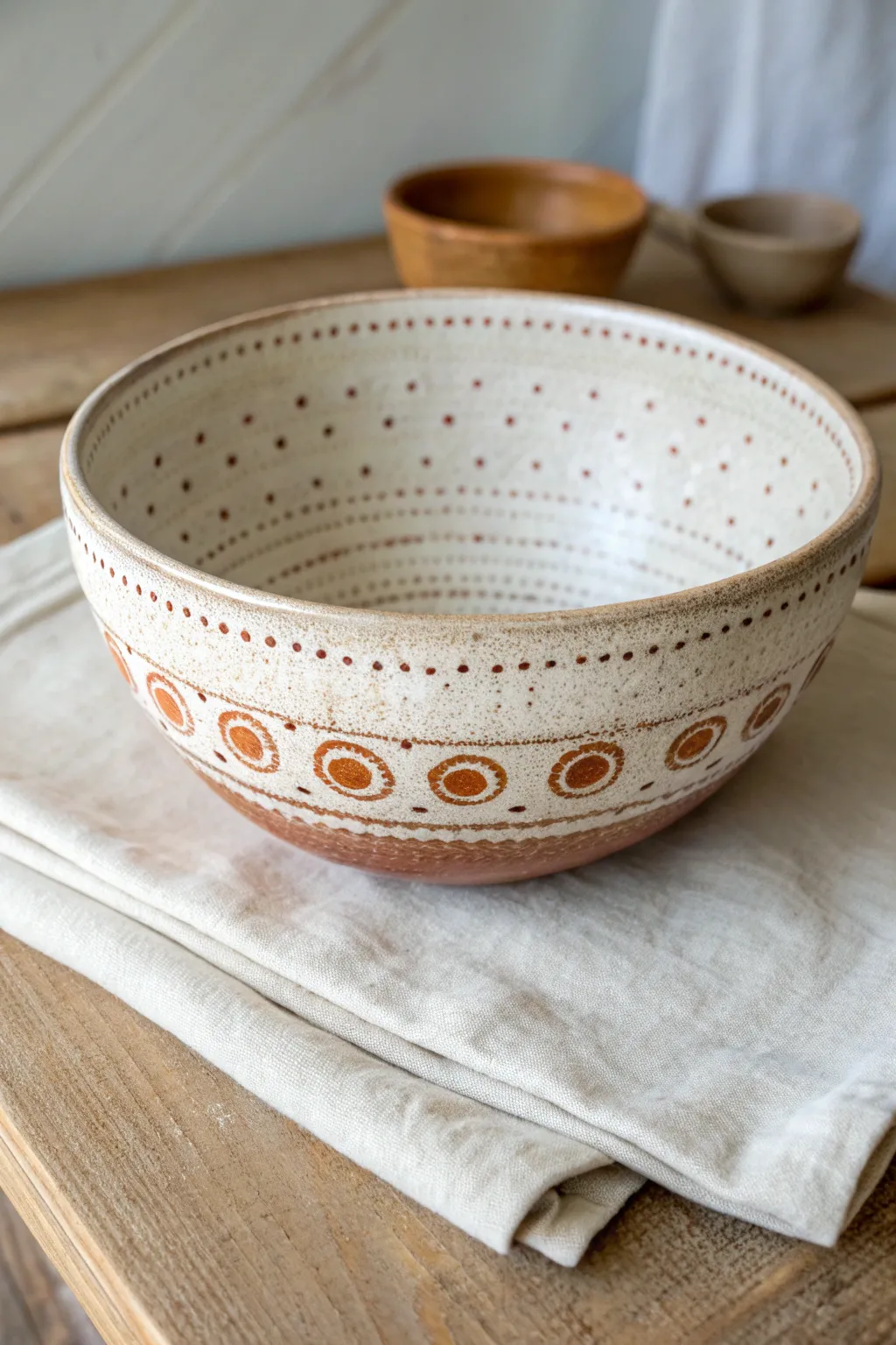 Handmade wax-resist bowl with raw clay dots peeking through a soft satin glaze reveal