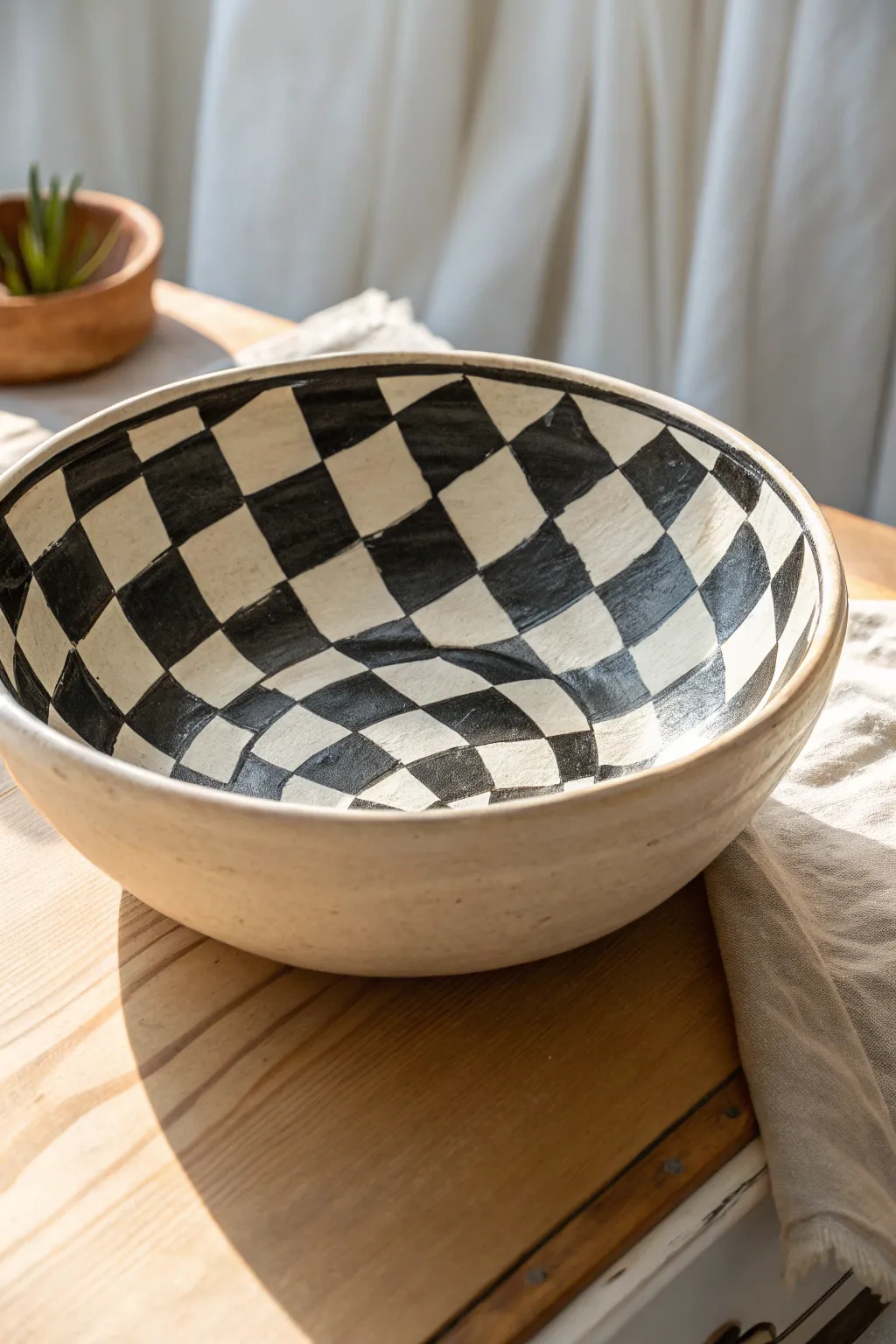 Sleek checkerboard bowl idea with bold contrast and calm Scandinavian boho styling.