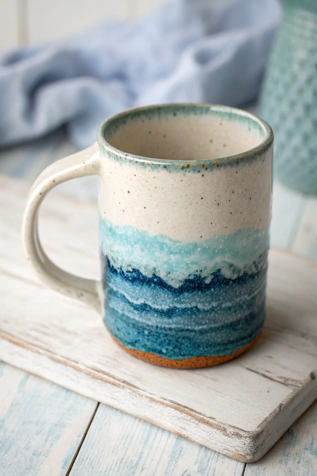 Layered ocean blues and foamy white waves wrap the rim for a calm, handmade coastal mug.