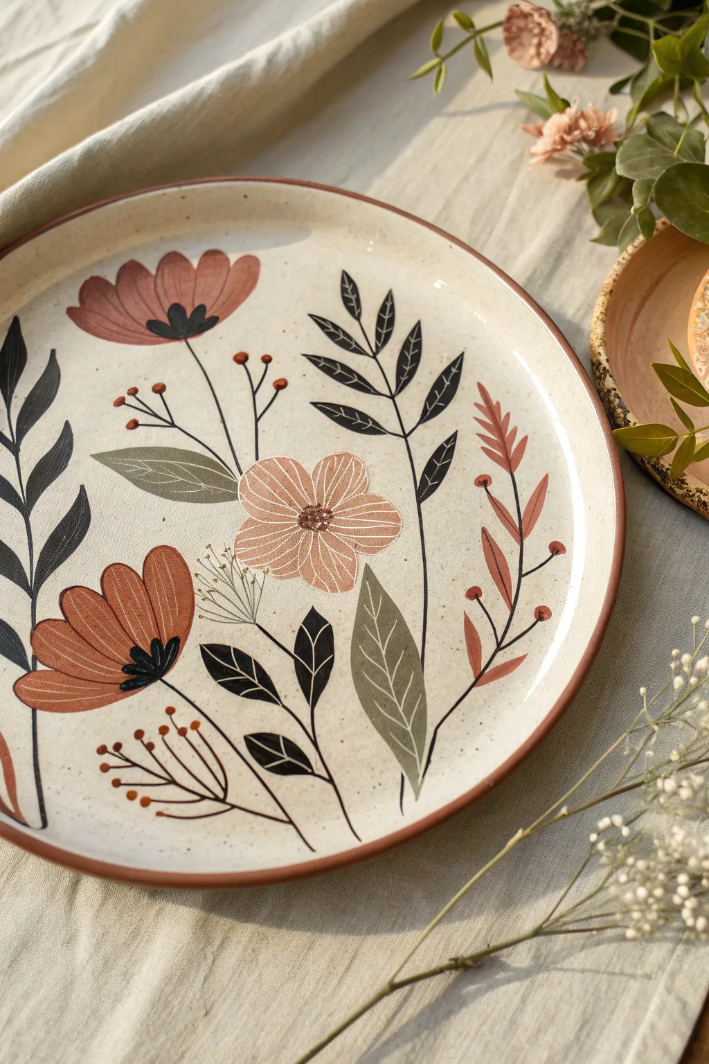 Leafy florals with bold outlines and flat color for a modern, minimal pottery plate look.