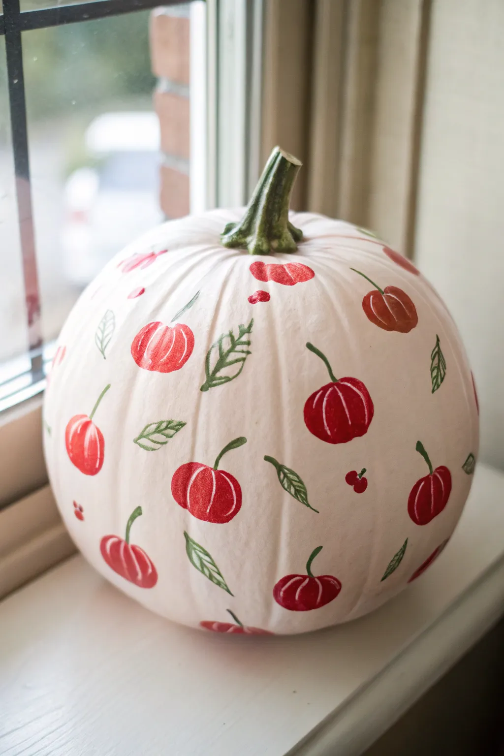 Preppy meets cozy: a blush pumpkin covered in sweet cherry pairs for an easy fall paint idea.