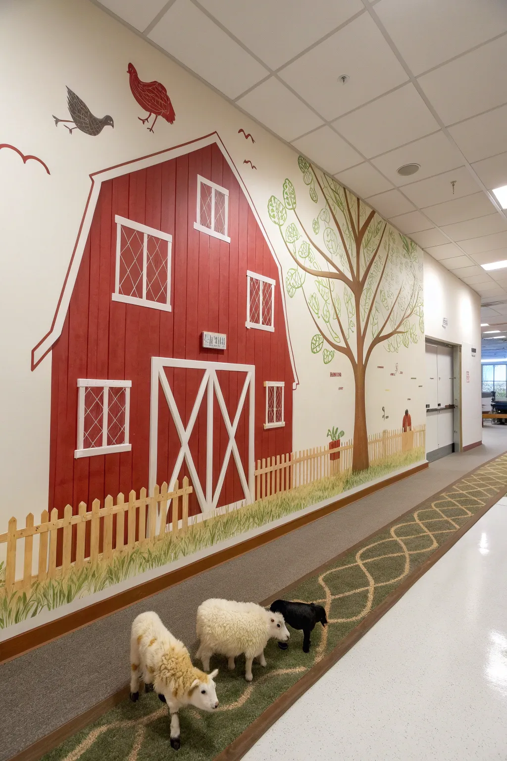 Minimal barnyard mural mockup with red barn and friendly animals at preschool eye level