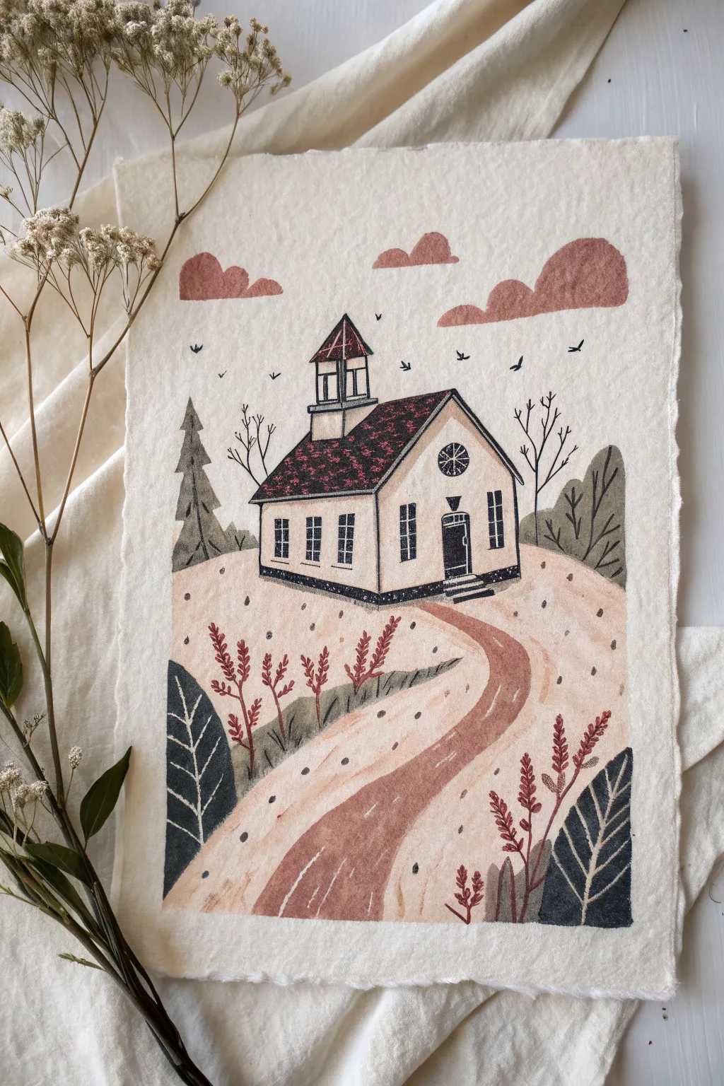 Primitive one-room schoolhouse scene in flat shapes and a muted, weathered palette to copy.