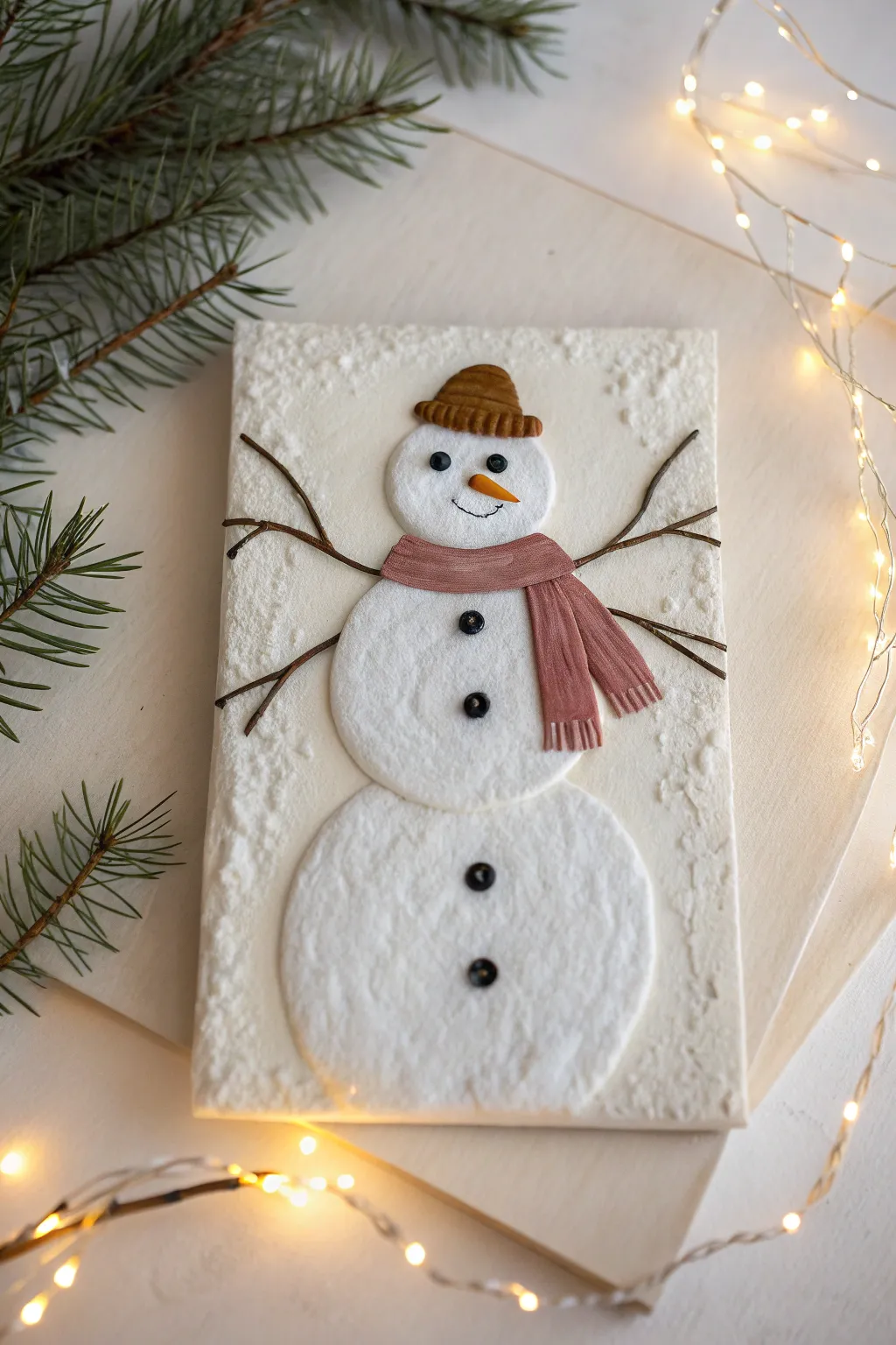 Minimal snowman panel with raised puffy snowdrifts and frosty highlights in soft neutrals