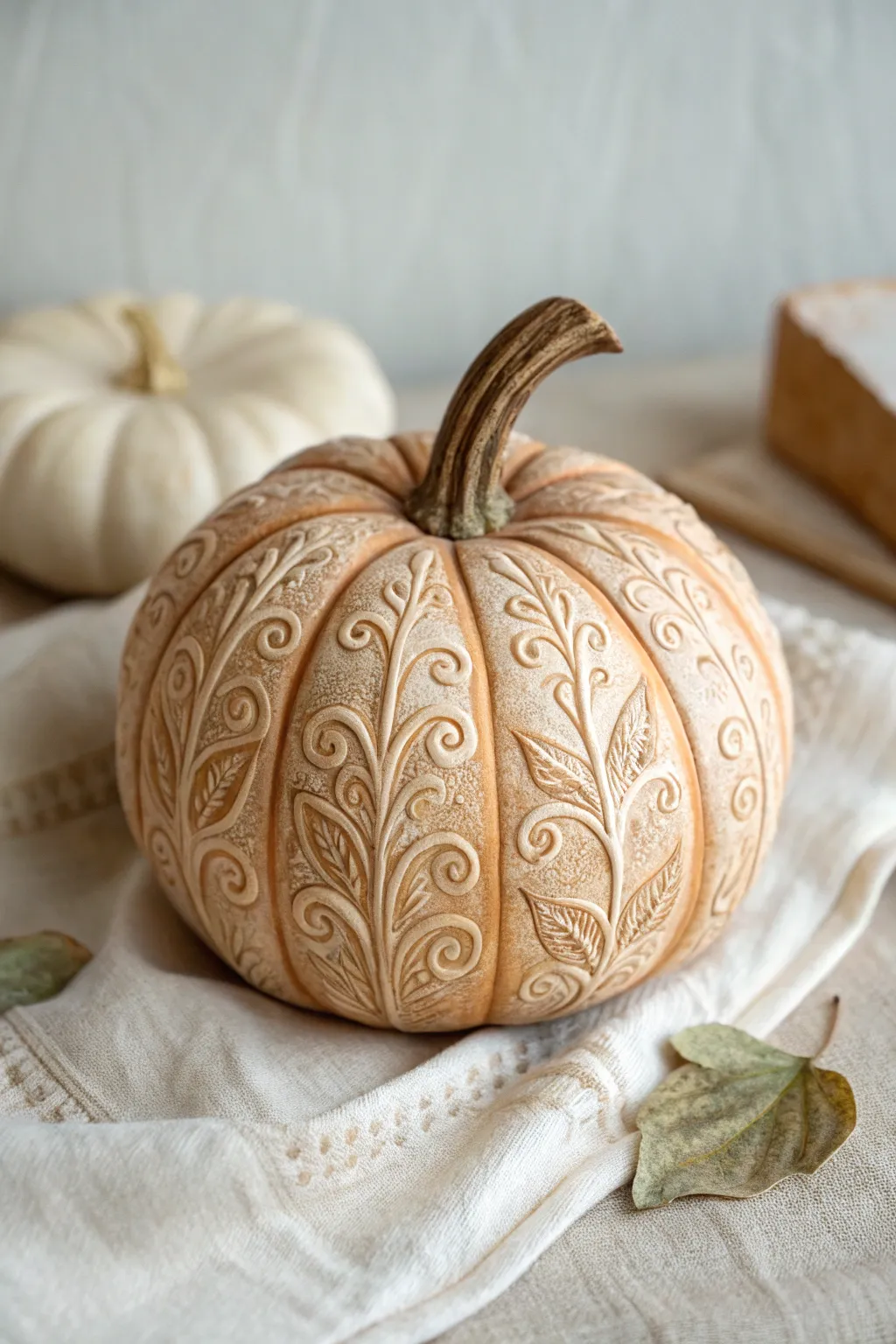 Etched swirls and vine carvings filled with sheer paint washes for a soft glowing finish