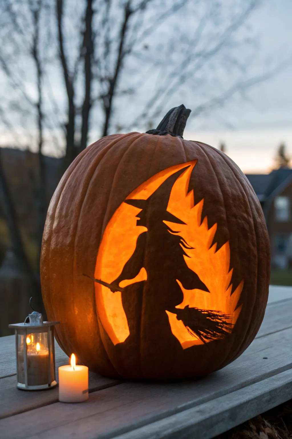Twilight glow pumpkin with witch profile stencil for a chic minimalist Halloween craft