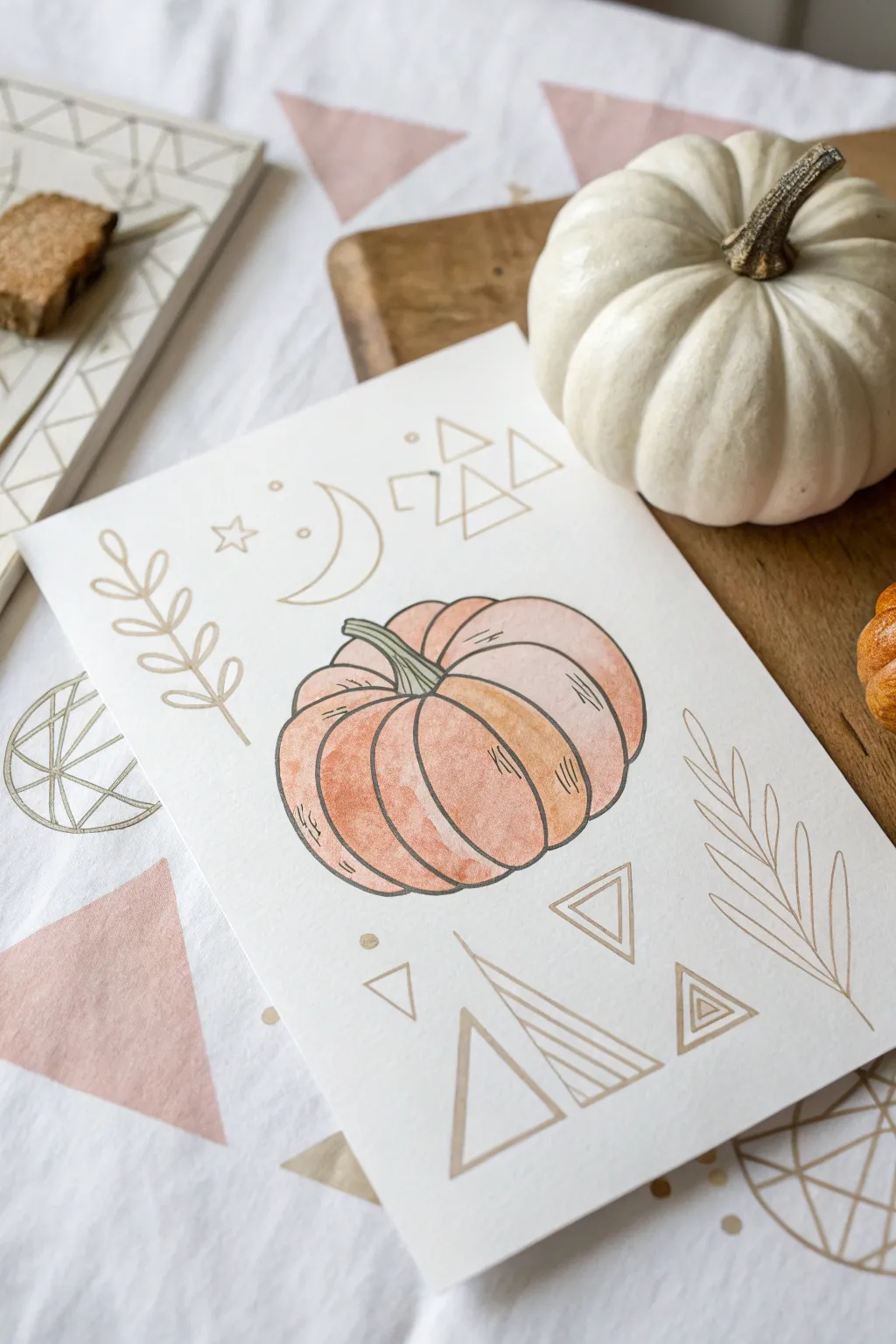 Pastel geometric pumpkin drawing inspiration for a modern Scandinavian-boho autumn sketch.