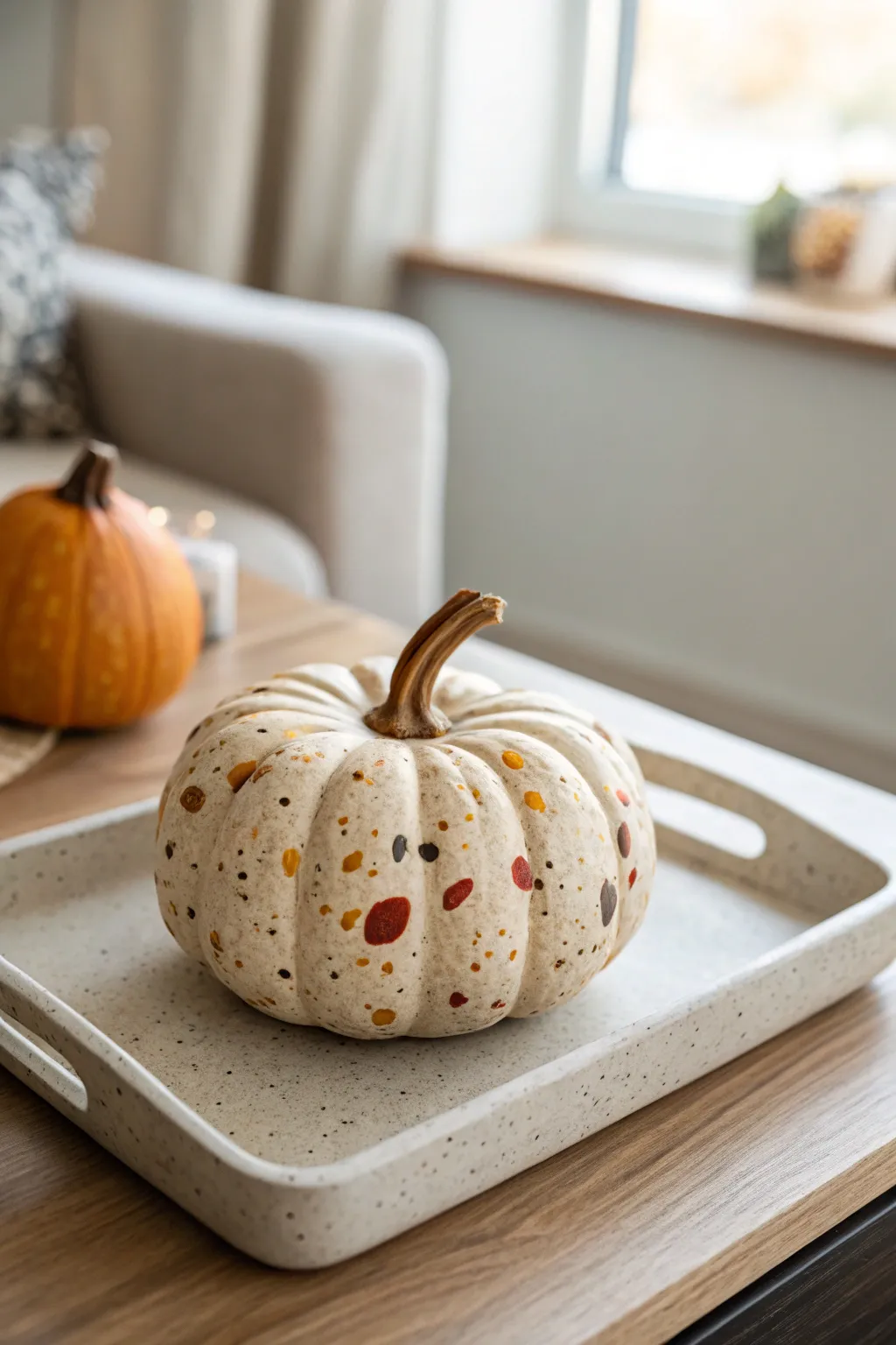 Terrazzo speckle pumpkin in earthy tones, minimalist boho decor inspiration for fall.