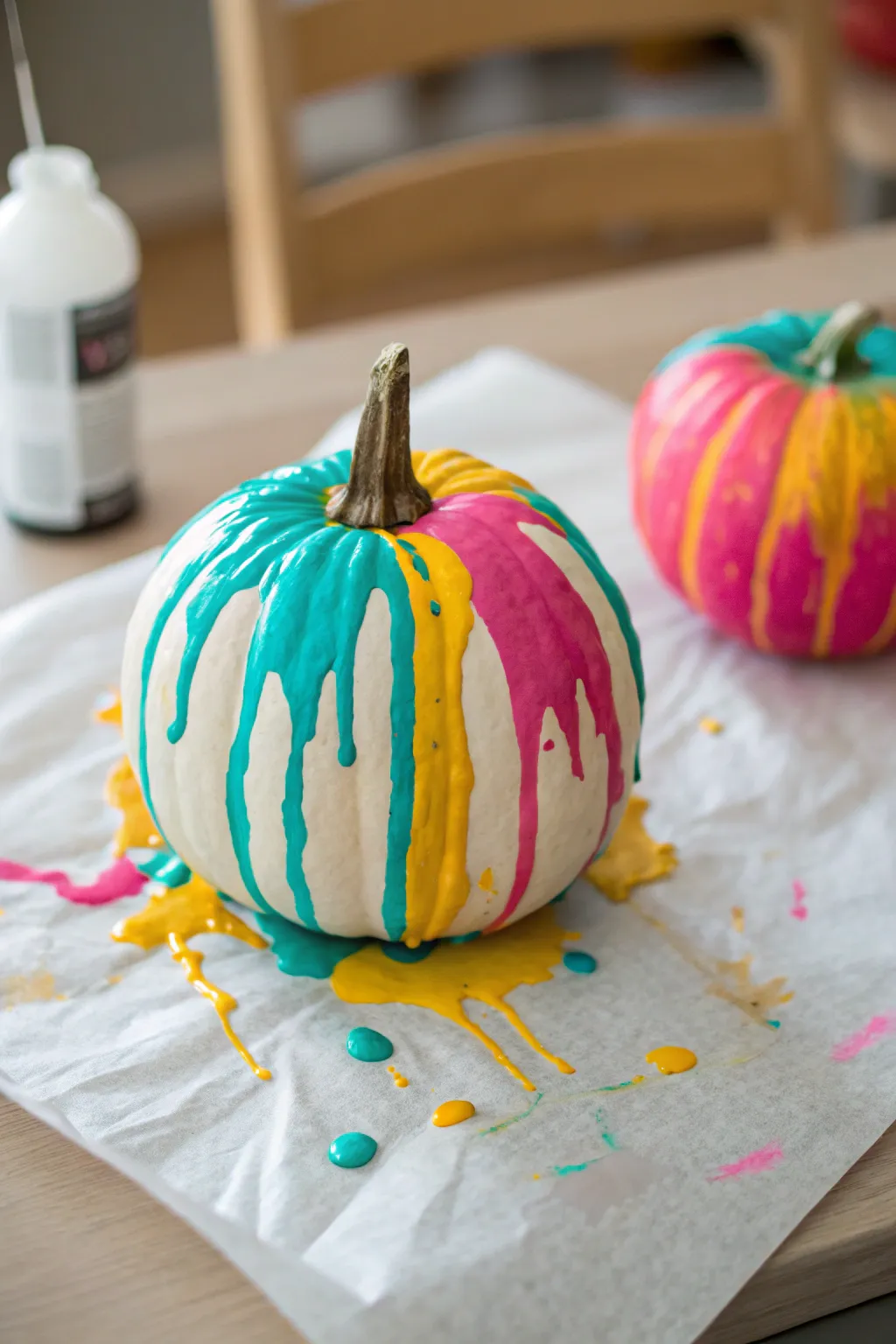 Bright drip-paint melting pumpkin on clean paper, a playful kids art idea with bold contrast