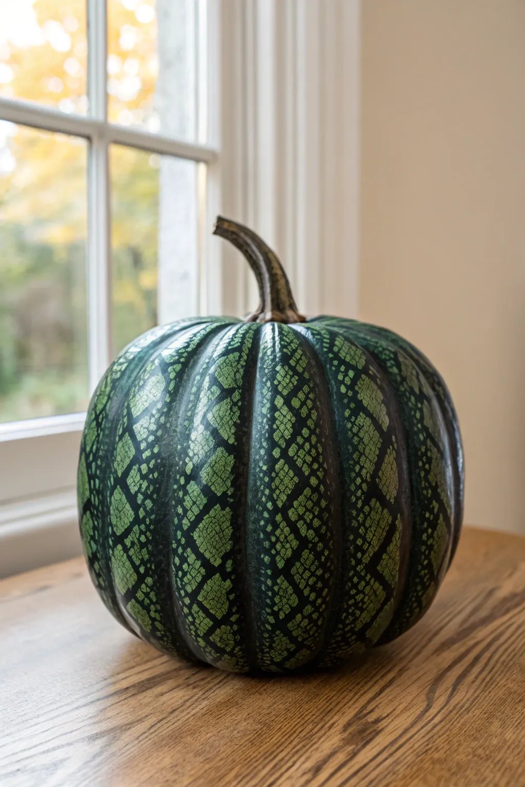 Dark green snake-skin pumpkin paint idea with glossy highlights, minimal Nordic styling.