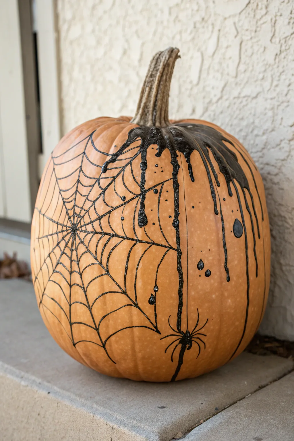 Minimal pumpkin art: loose spiderweb lines with inky drips for a chic grungy haunt.