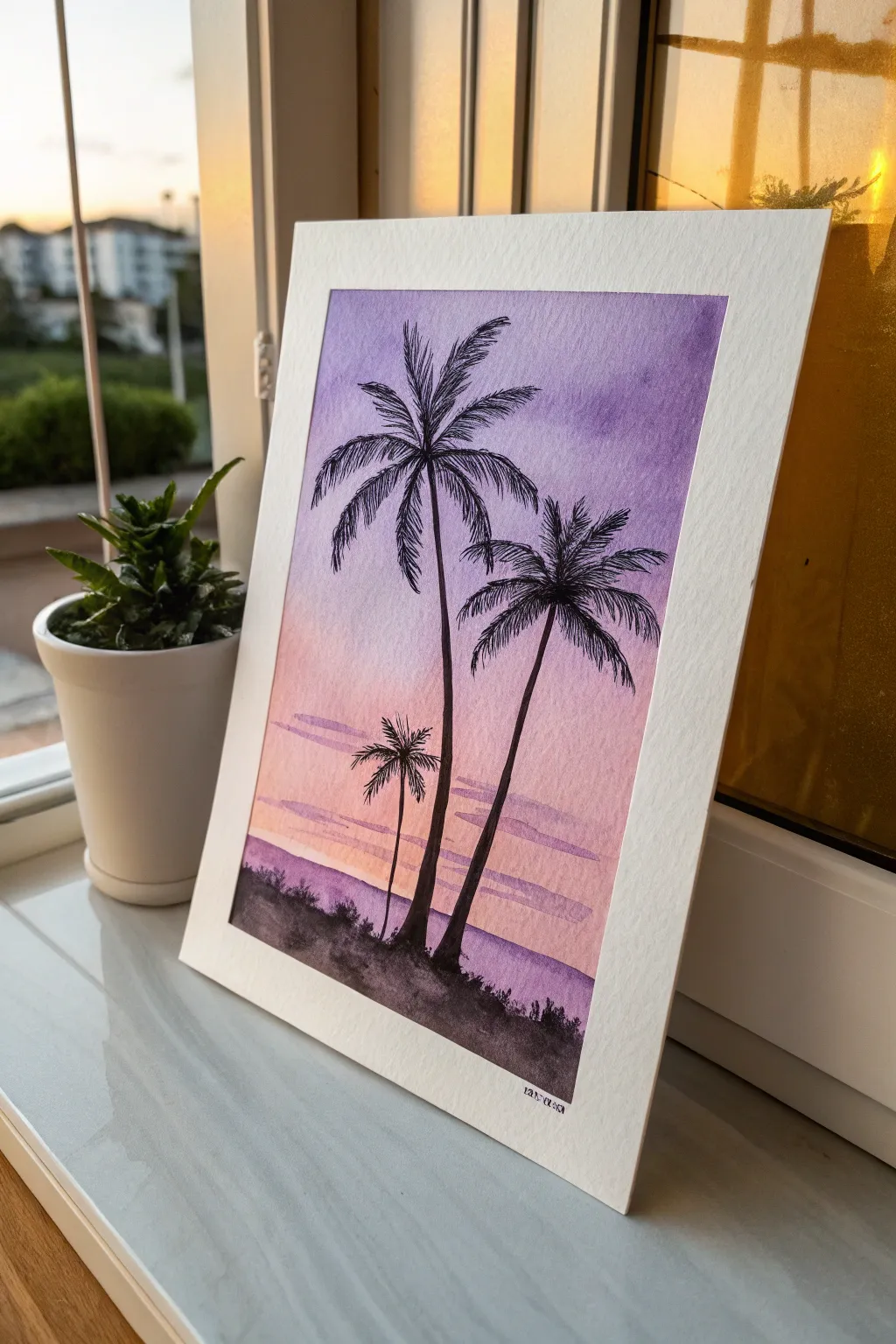 Easy purple sunset: minimalist palm silhouettes on a dreamy lavender to violet wash