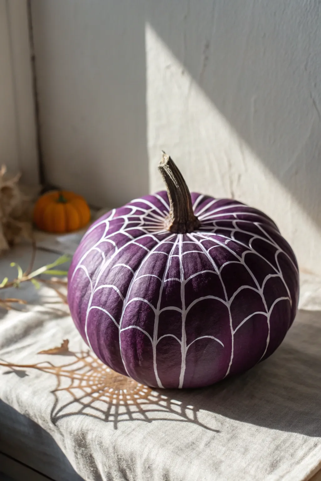 Dark purple pumpkin with raised white spiderweb texture, side-lit for cozy minimalist drama