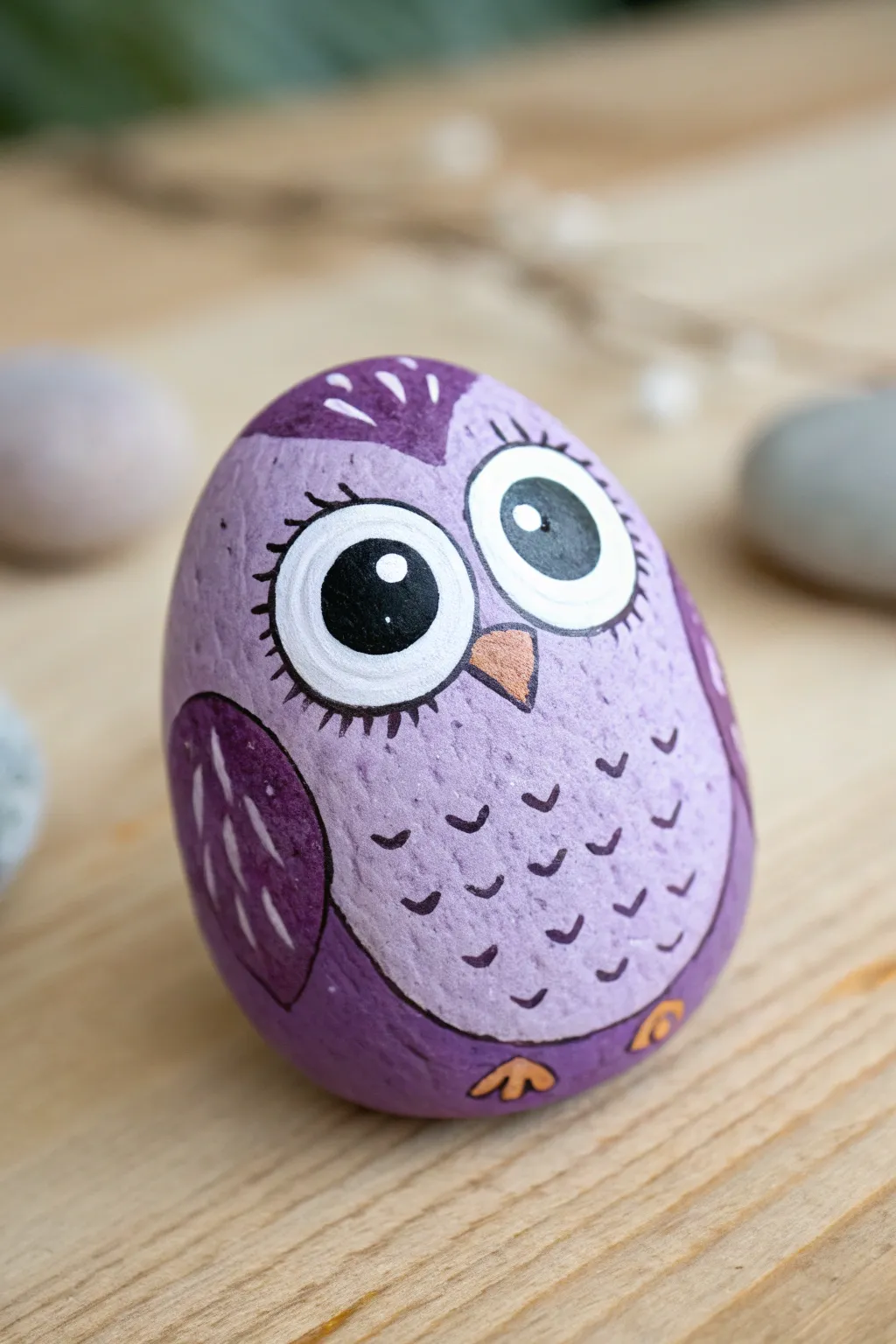 Cute purple owl rock with big eyes, minimalist boho styling, perfect for easy rock painting.
