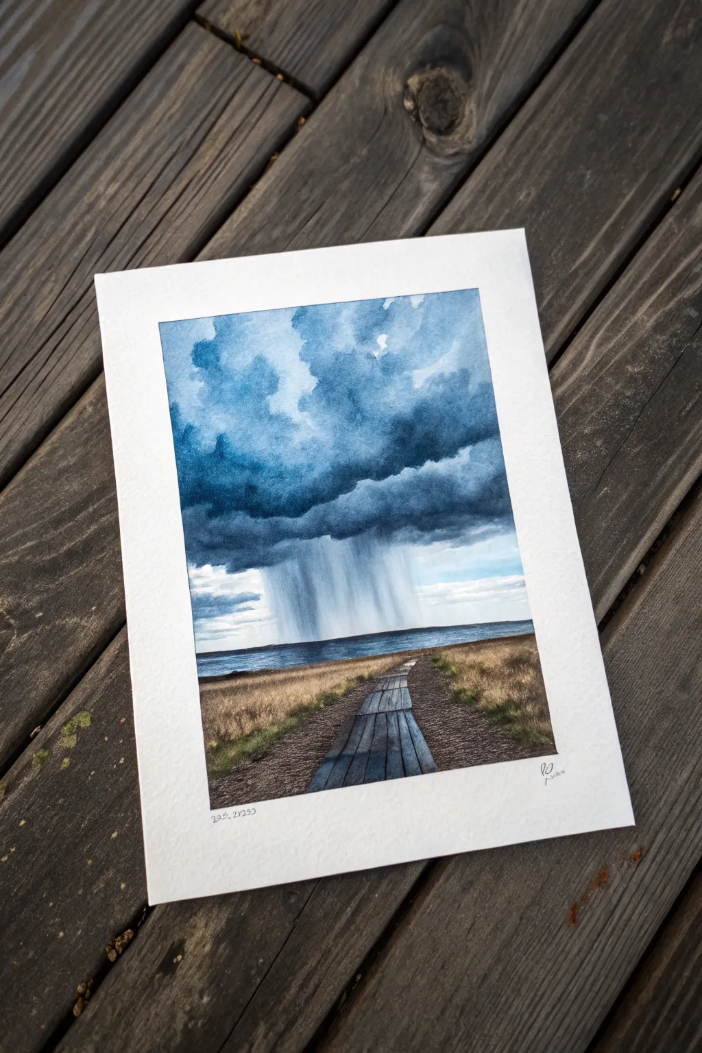 Moody storm clouds breaking into rain shafts, a minimalist watercolor scene with bold contrast.