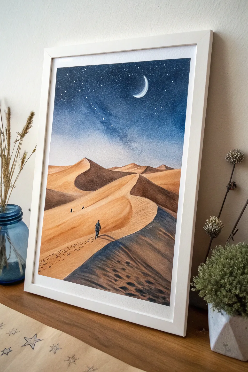 Soft desert dunes under a crescent Ramadan moon, minimalist watercolor inspiration to paint