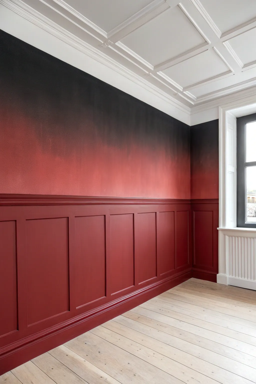 A serene red-to-black ombre feature wall that feels dramatic, soft, and beautifully minimalist.