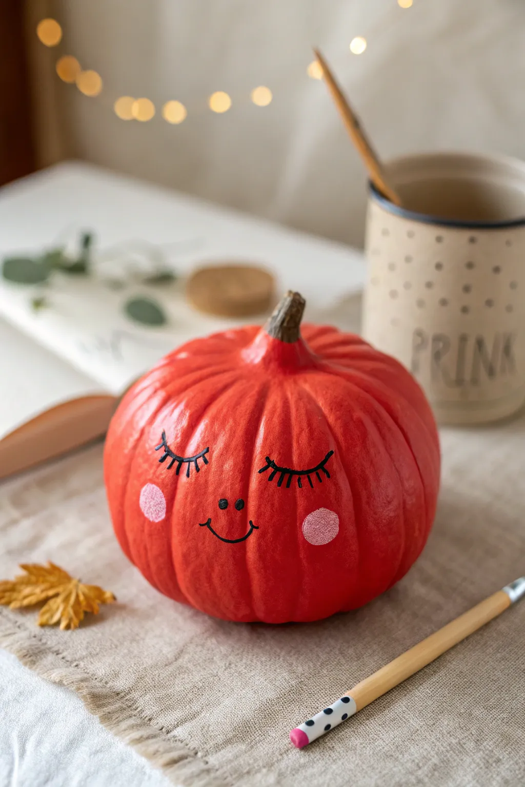 Cute red pumpkin face with rosy cheeks, styled in a minimal Scandinavian desk scene