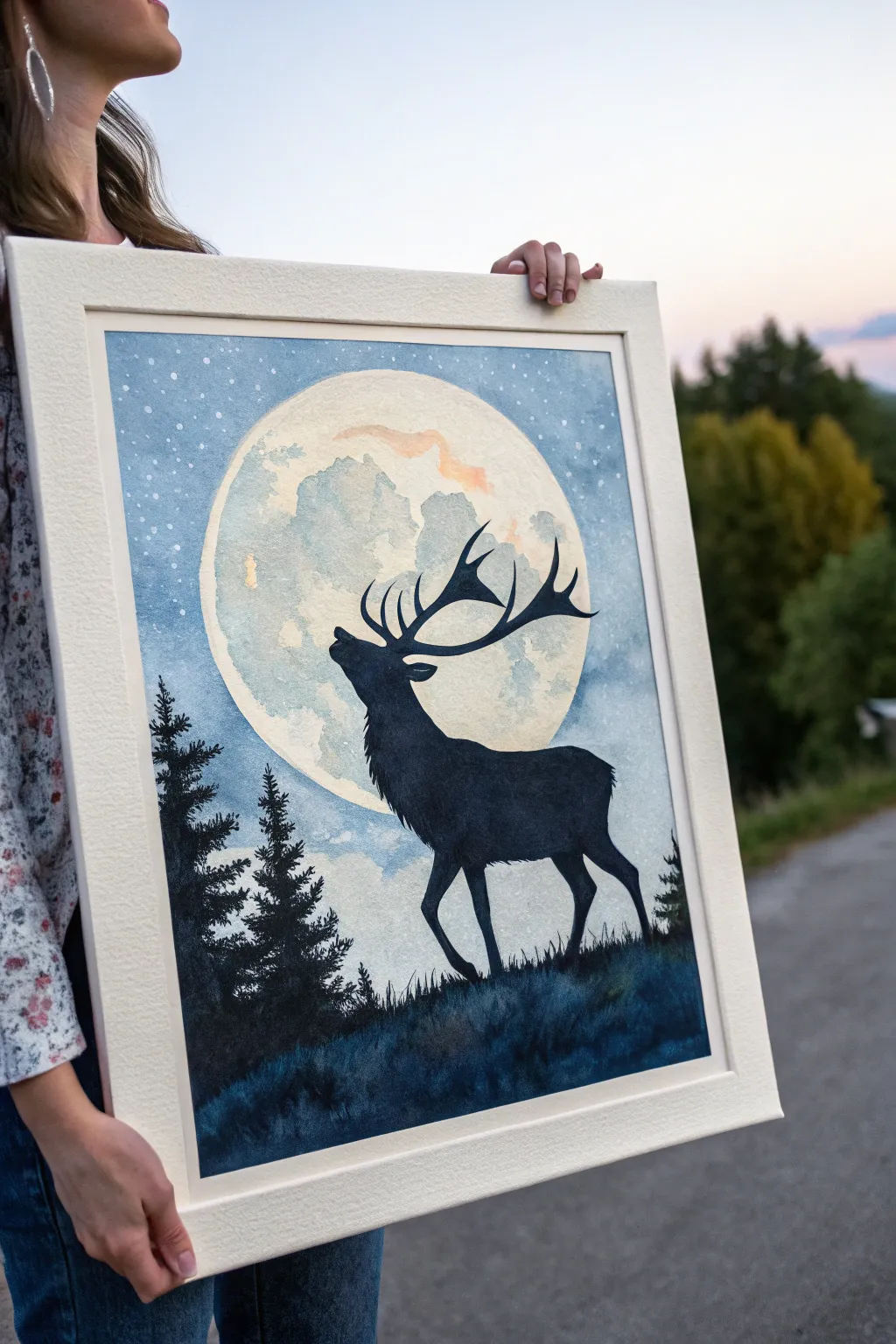 Paint a bold reindeer silhouette framed by a glowing full moon for calm Nordic winter vibes