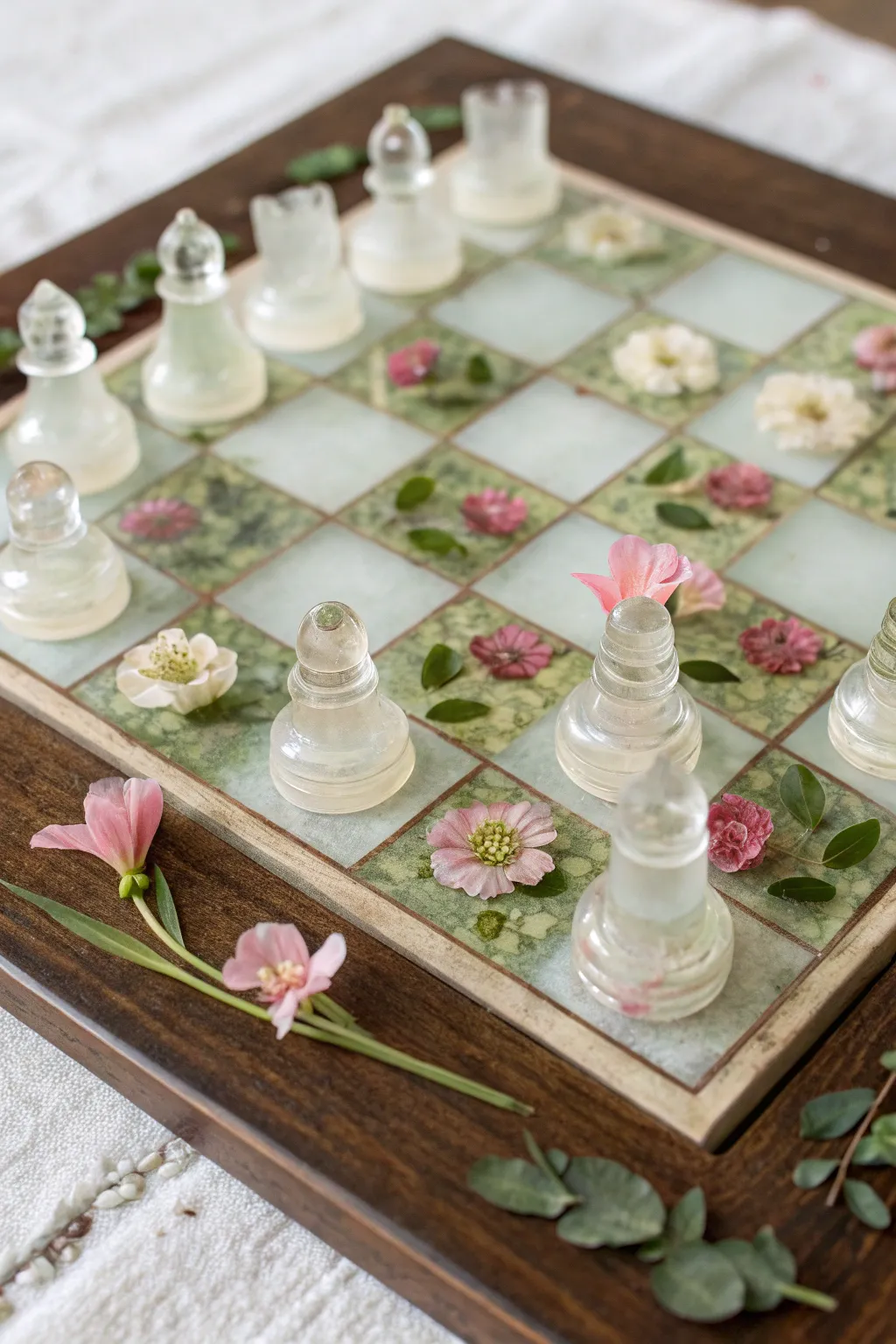 Pressed flower resin chess set with translucent pieces, soft light and calm Nordic boho mood