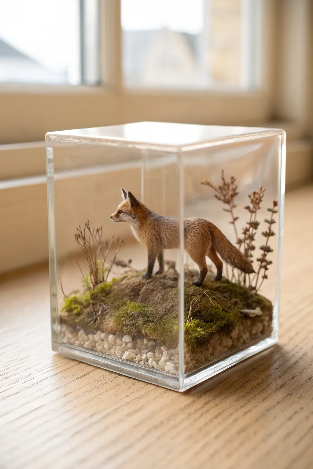 Tiny fox diorama resin cube with mossy ground, minimalist-boho and sweetly storybook