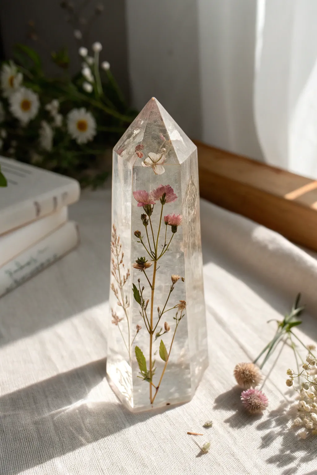 Wildflowers suspended in a faceted resin crystal point, glowing softly in side light
