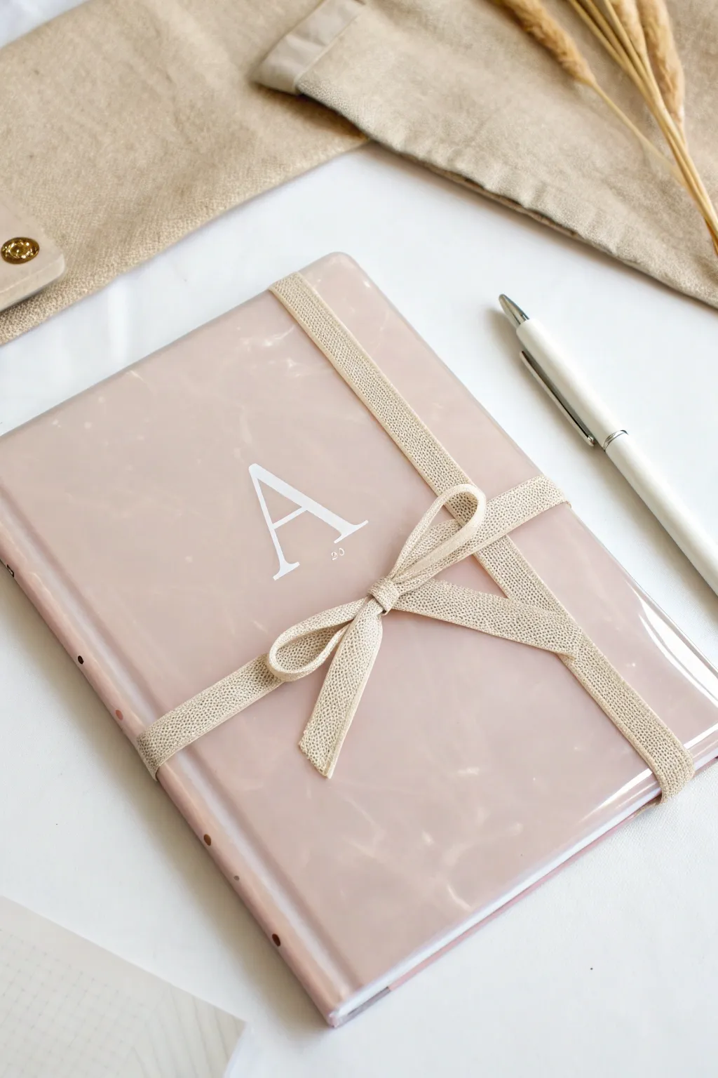 Blush resin cover with a crisp vinyl initial, wrapped in linen ribbon for a chic gift look.
